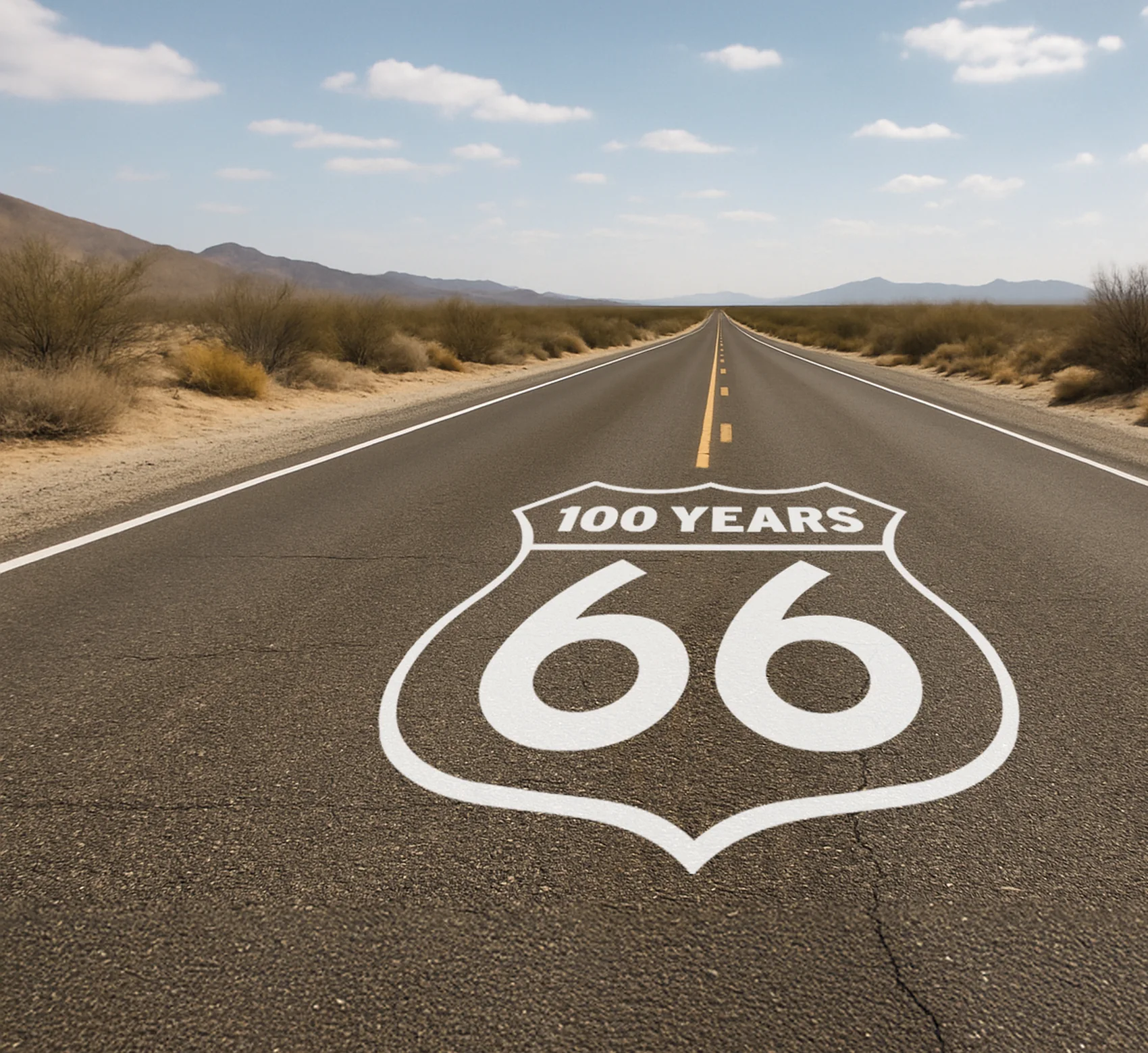 The 100 Years ROUTE 66 shield painted on the open desert road