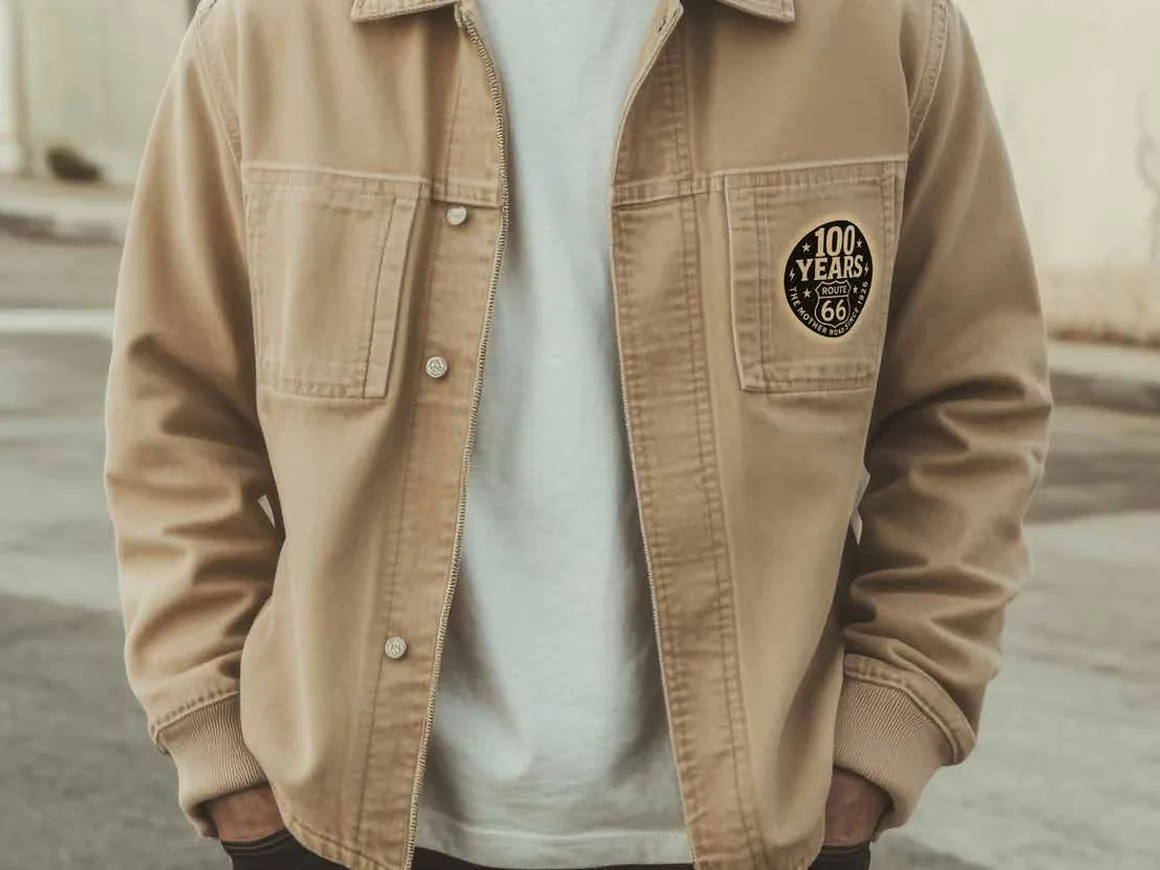 A tan work jacket with the centennial patch on the chest pocket