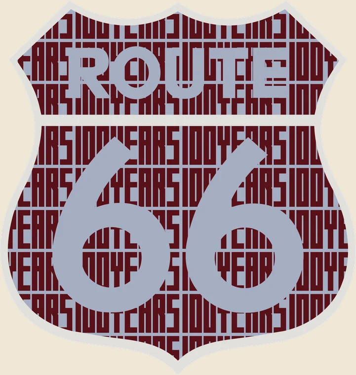 ROUTE 66 centennial artwork — the shield in maroon