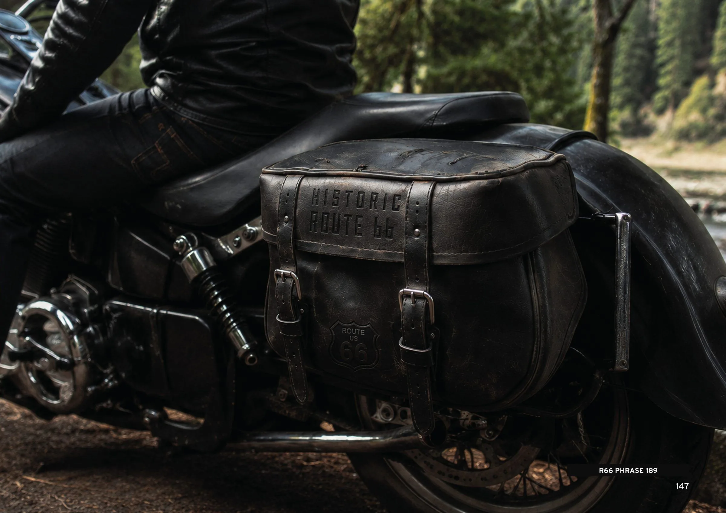 A leather ROUTE 66 saddle bag on a motorcycle