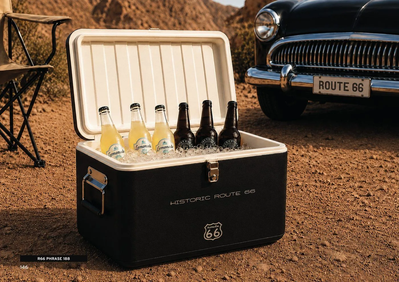 ROUTE 66 cooler box beside a classic car