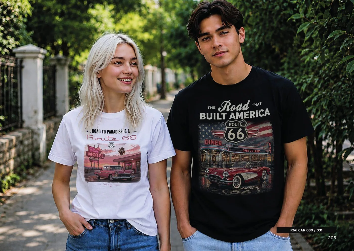 Man and woman wearing ROUTE 66 graphic T-shirts