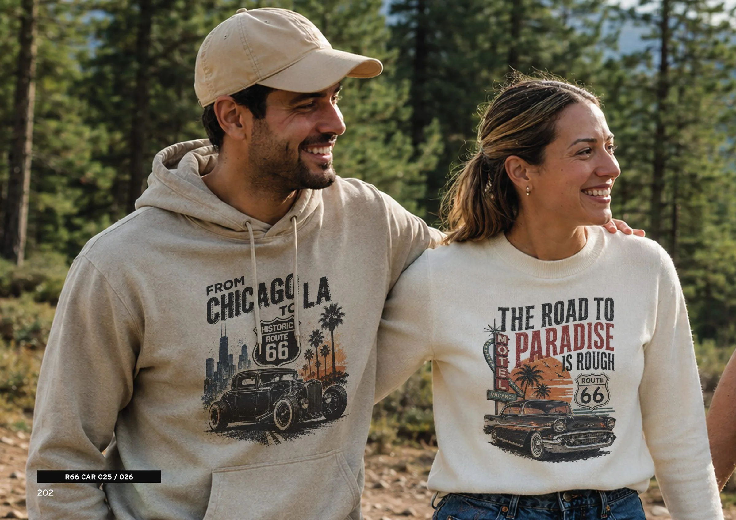 A couple in the forest wearing a ROUTE 66 hoodie and T-shirt