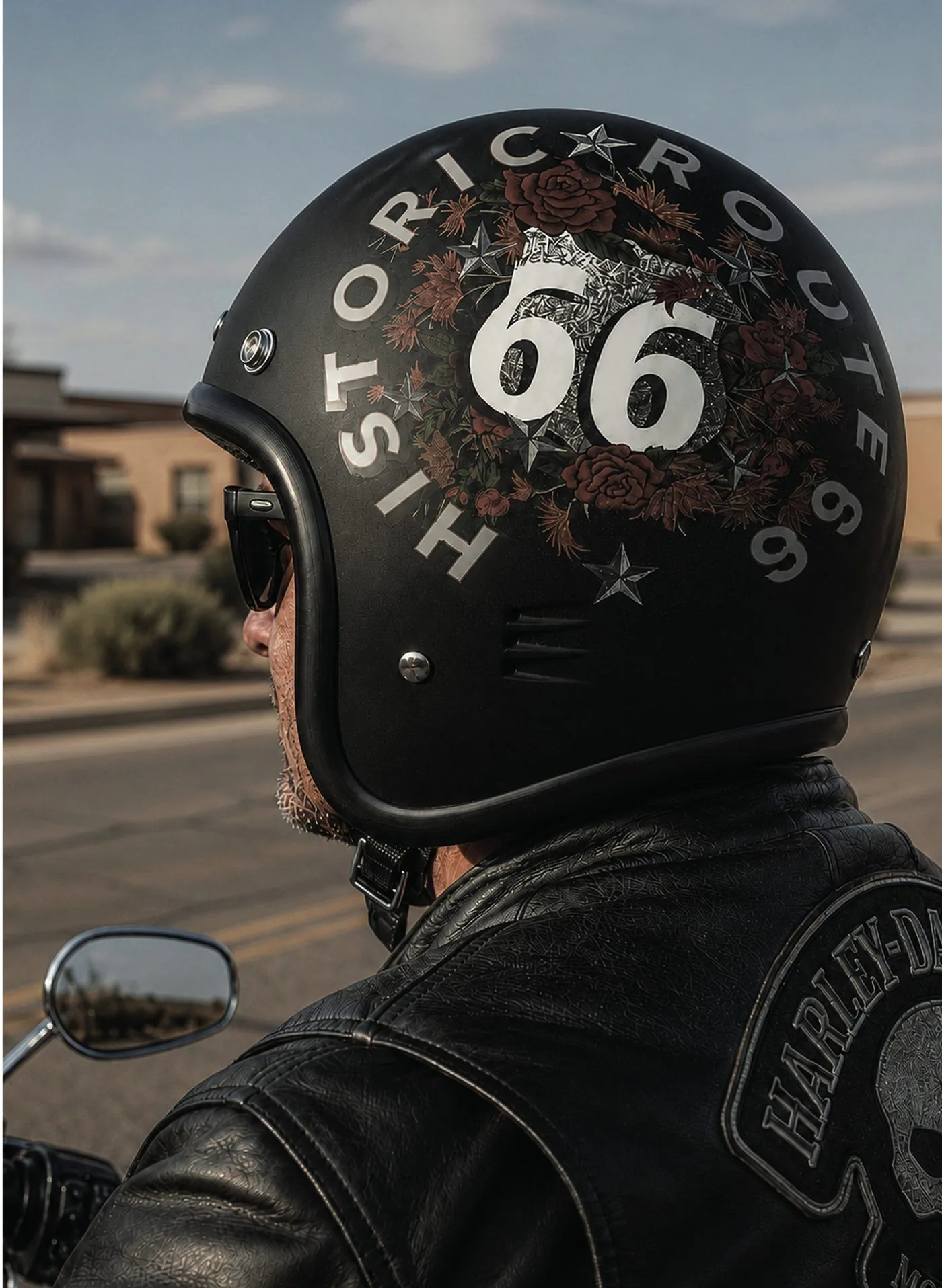 Rider wearing a ROUTE 66 helmet