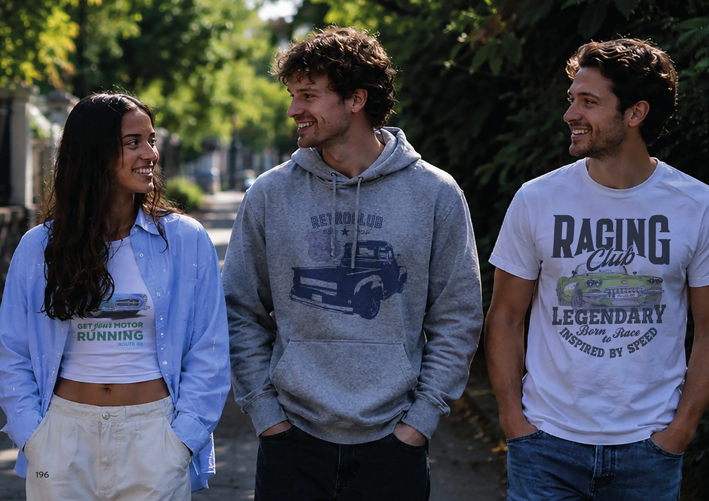 Three friends wearing ROUTE 66 hoodies and T-shirts