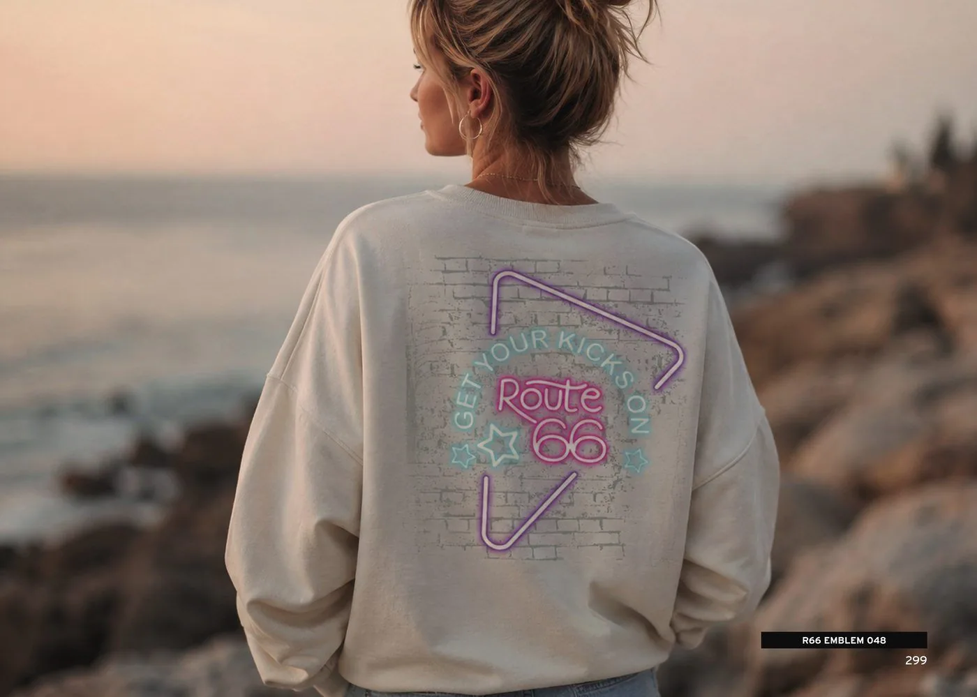 Sweater with neon ROUTE 66 artwork on the beach