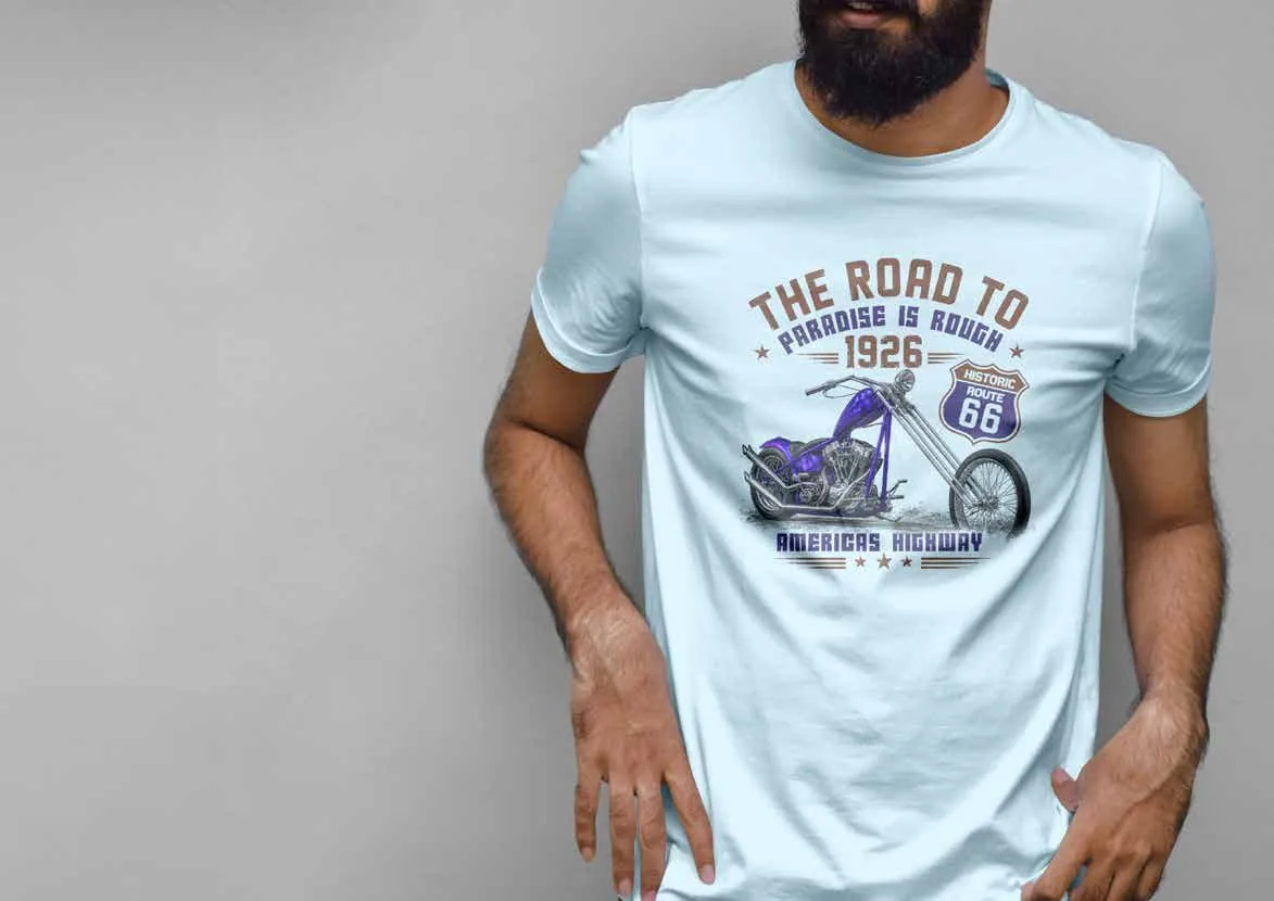 Man in a light blue ROUTE 66 motorcycle T-shirt