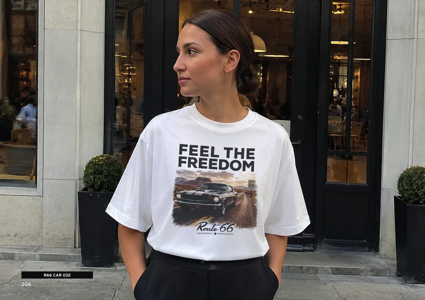 Woman in a white Feel the Freedom T-shirt