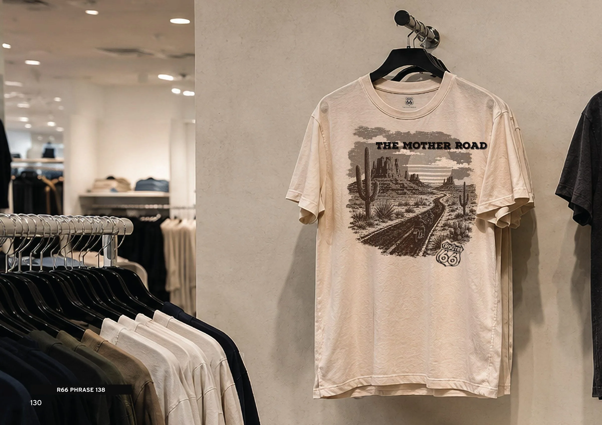 A ROUTE 66 Mother Road T-shirt hanging on a rail in a clothing store