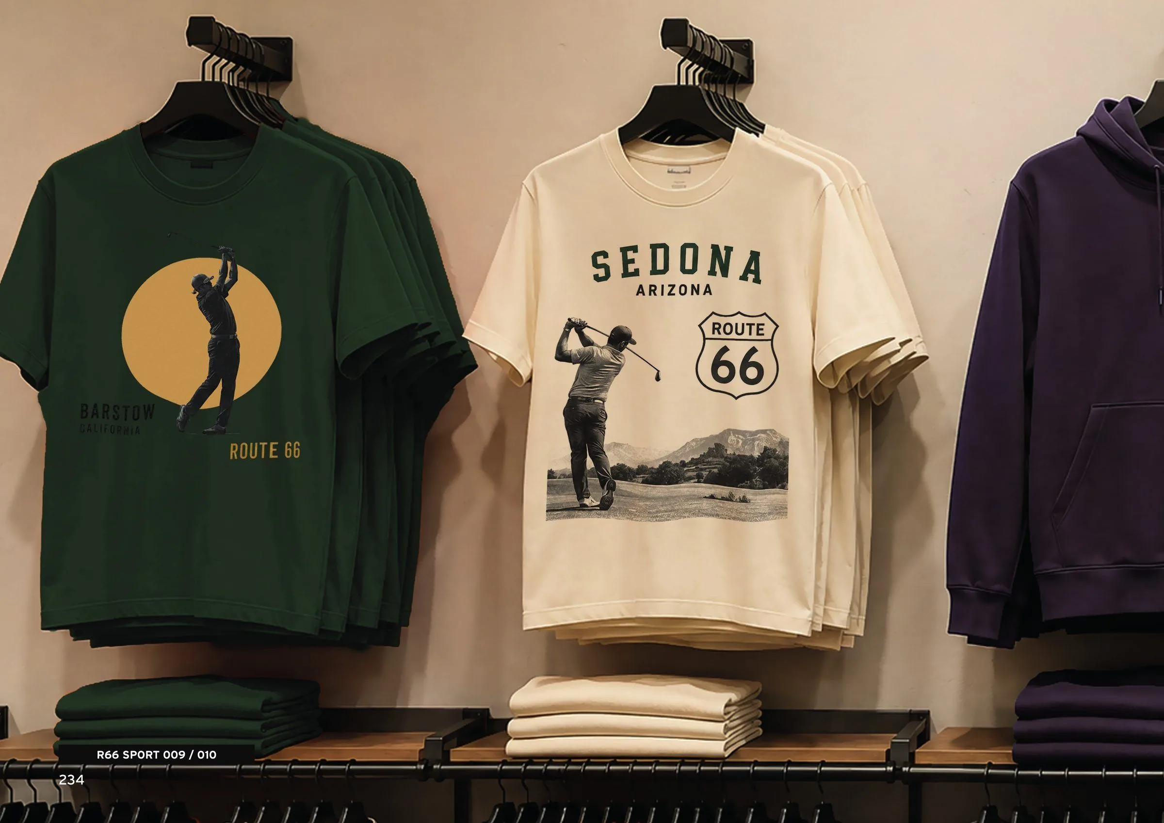 ROUTE 66 T-shirts and hoodies hanging and folded on a store display wall